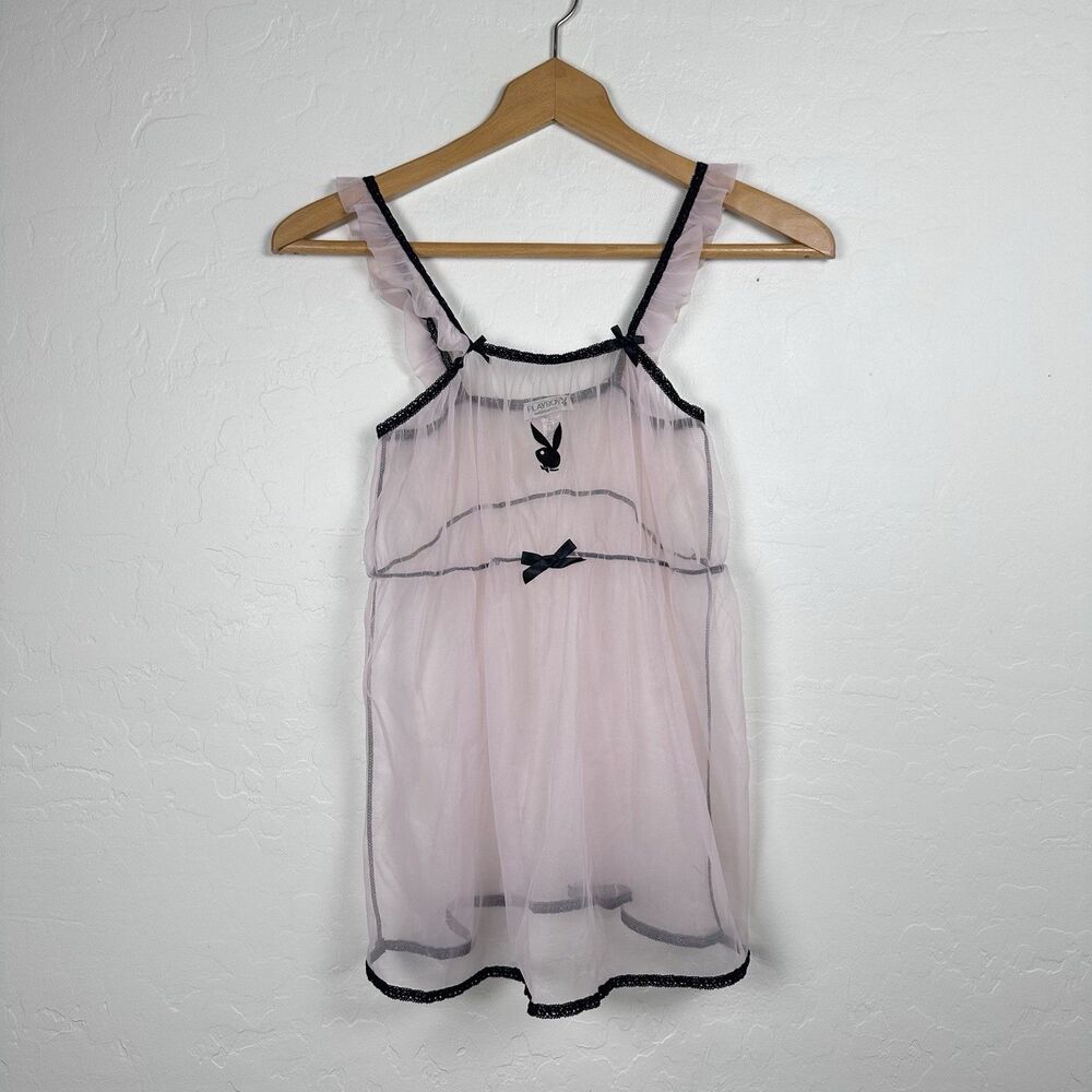 Y2K PLAYBOY Pink Black Sheer Babydoll Bunnie Lingerie Lace Slip Vintage